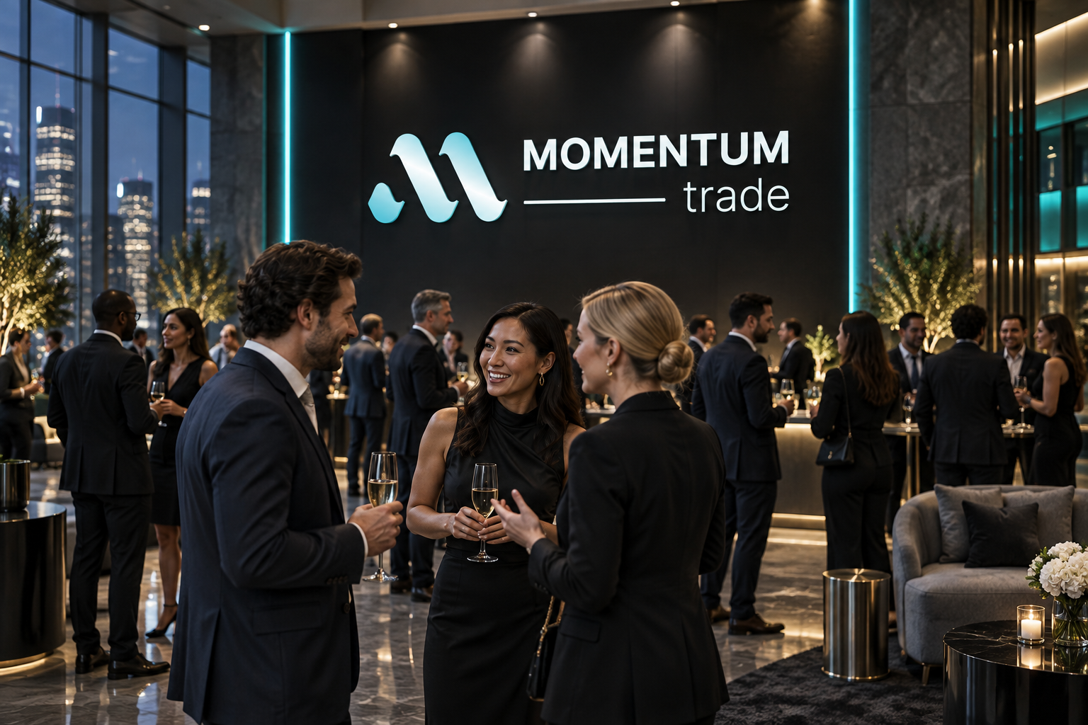 Concepto generado con IA: encuentro de networking con profesionales y la marca Momentum Trade en una pared iluminada.